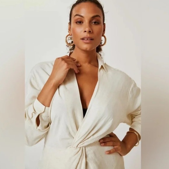 NWT Anthropologie V Neck Knot Front Long Sleeve Faux
Wrap Midi Dress Ivory Linen - Picture 7 of 15